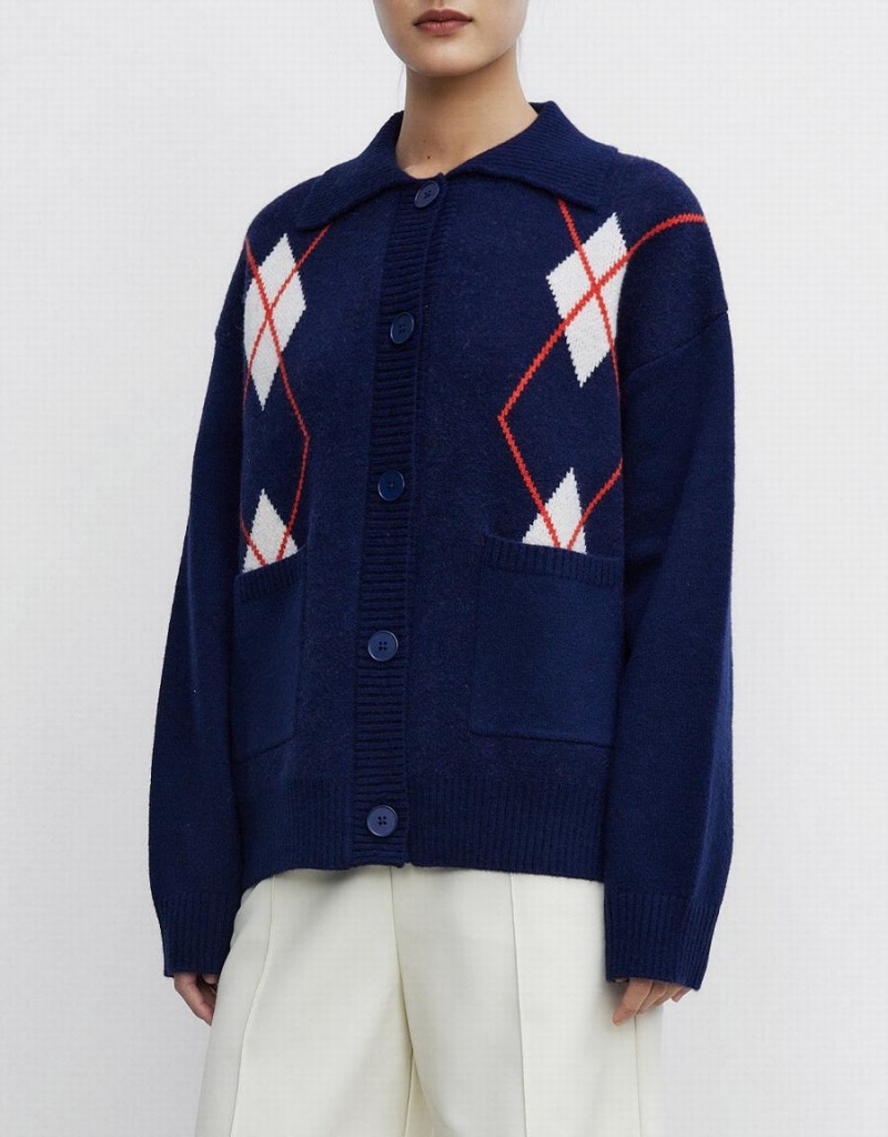 Cárdigan Urban Revivo Argyle Patched Pocket Button Up Mujer Azules | SJT7667HO