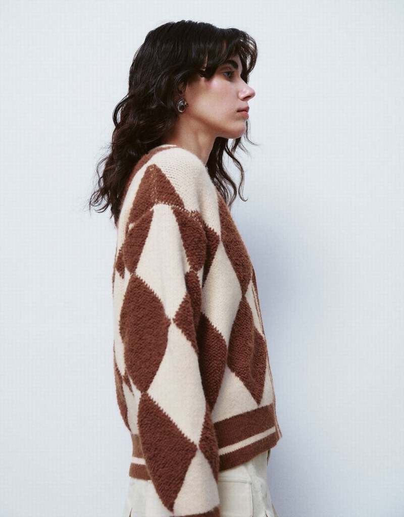 Cárdigan Urban Revivo Argyle Pattern V-Neck De Punto Mujer Marrom Oscuro | KWW7960IO