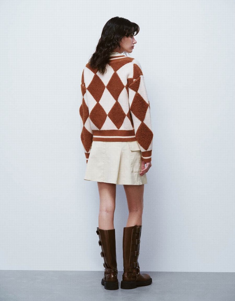 Cárdigan Urban Revivo Argyle Pattern V-Neck De Punto Mujer Marrom Oscuro | KWW7960IO