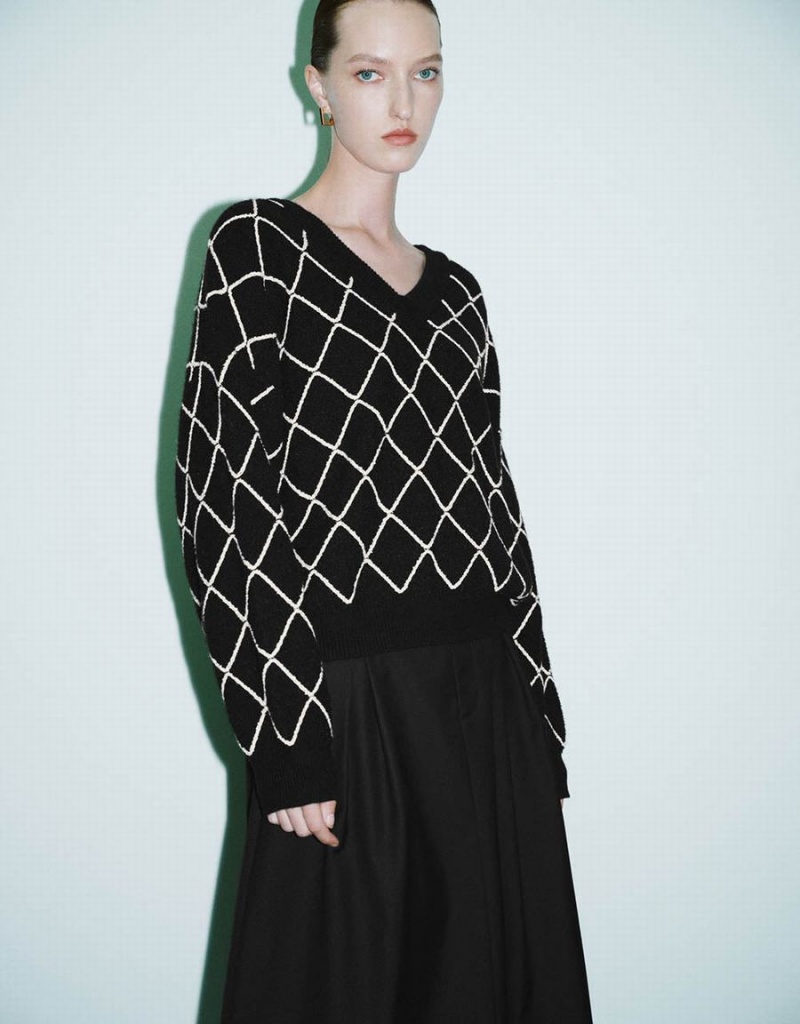 Cárdigan Urban Revivo Argyle Printed V-Neck De Punto Mujer Negros | YXE6444GE
