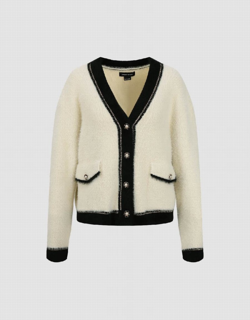 Cárdigan Urban Revivo Contrast Trim Furry V-Neck De Punto Mujer Beige | DXP9648ZZ
