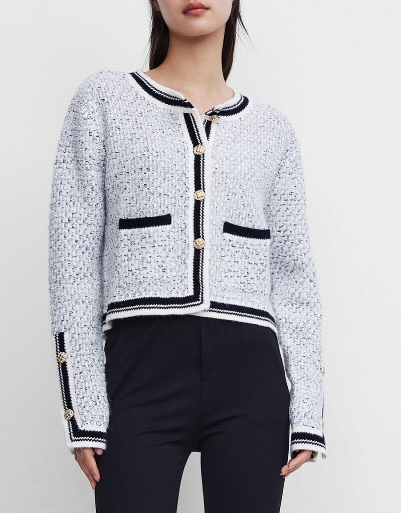 Cárdigan Urban Revivo Contrast Trim Tweed Button Front Mujer Grises | RDC3768RY
