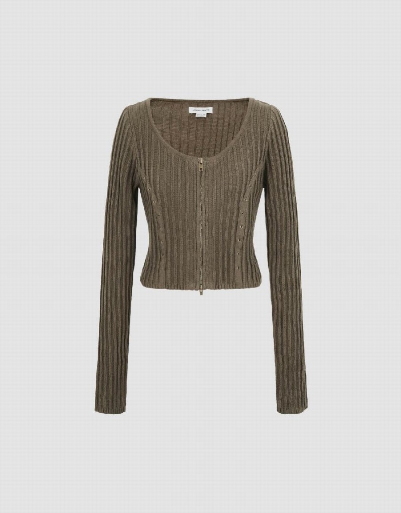 Cárdigan Urban Revivo Cremallera Front Crew Neck De Punto Mujer Kaki Oscuro | OVT514UF