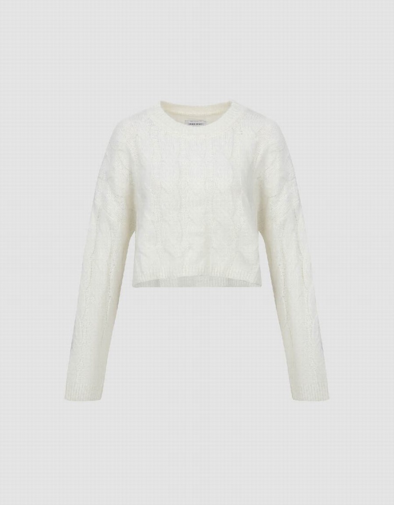 Cárdigan Urban Revivo Crew Neck Cable De Punto Mujer Blancos | VCV2133PB