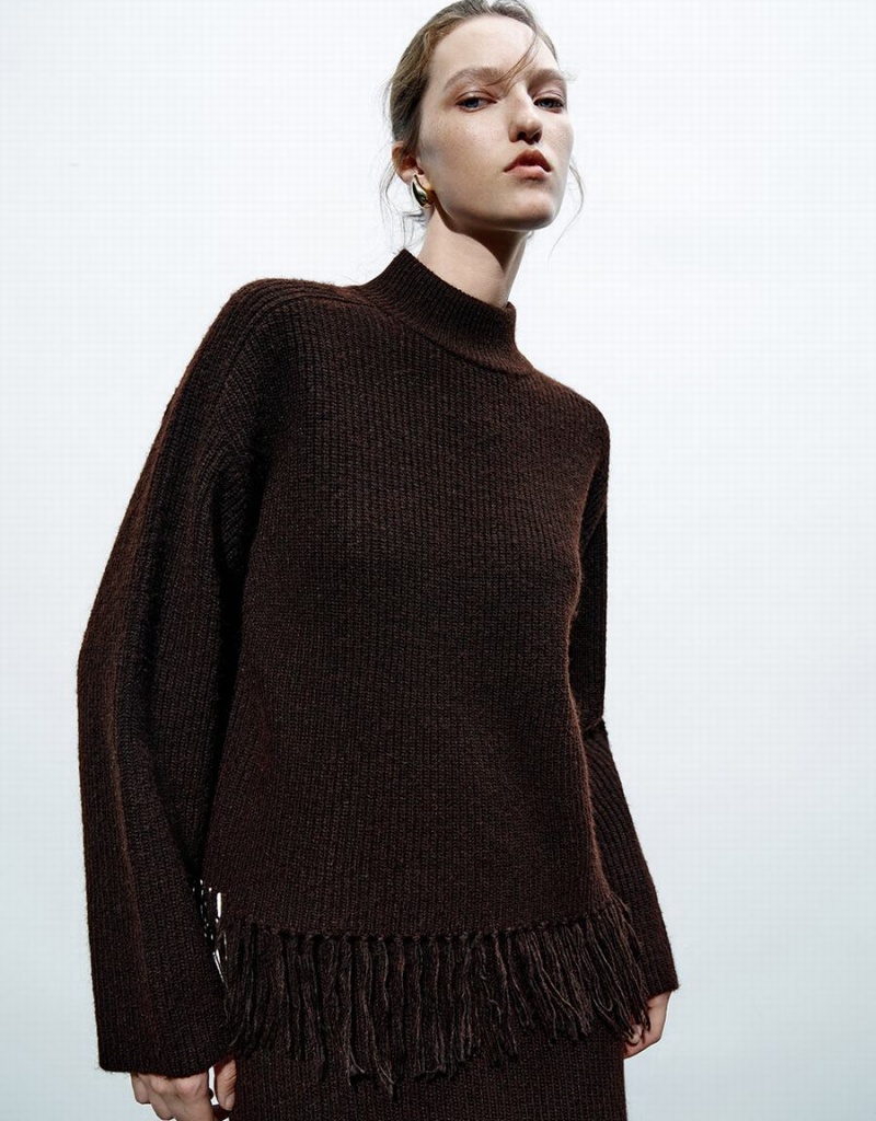Cárdigan Urban Revivo Crew Neck De Punto With Tassel Mujer Marrom Oscuro | YUZ7468HO