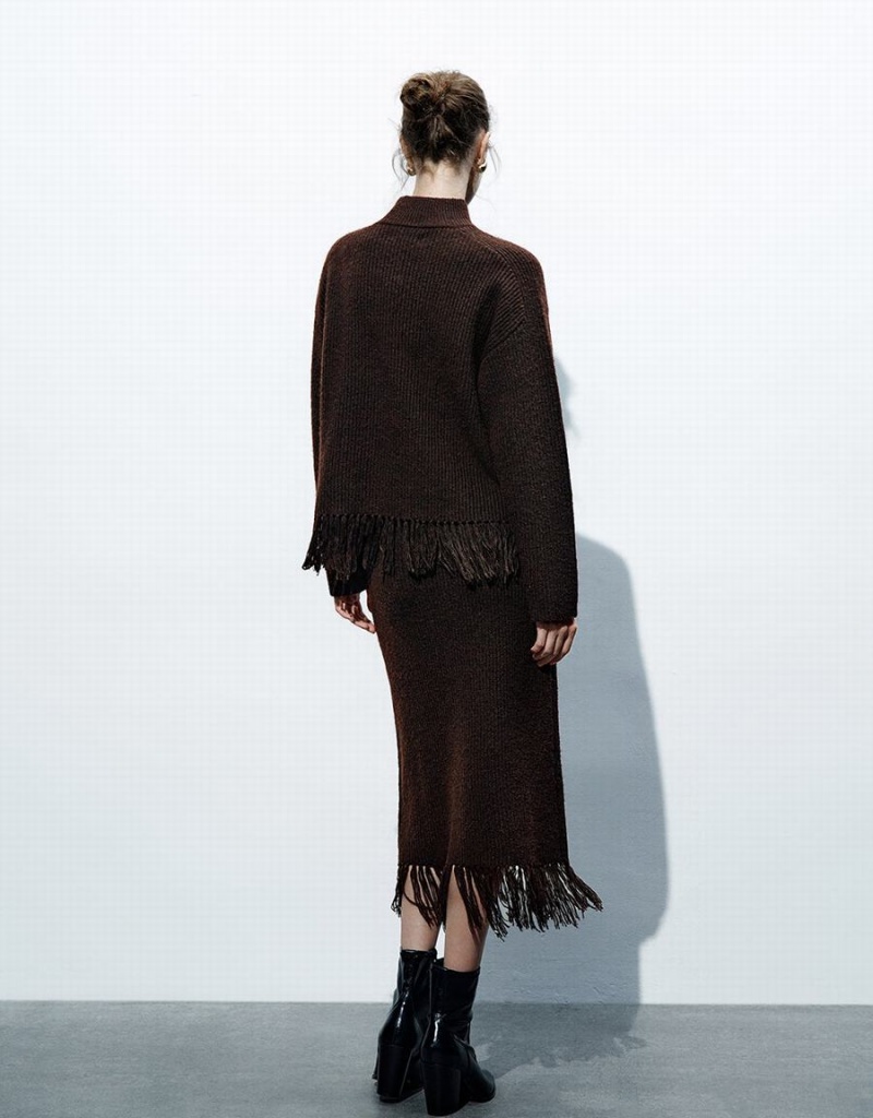 Cárdigan Urban Revivo Crew Neck De Punto With Tassel Mujer Marrom Oscuro | YUZ7468HO