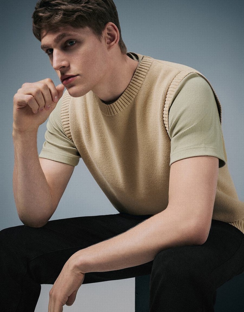 Cárdigan Urban Revivo Crew Neck De Punto Hombre Kaki | KFT3452VR