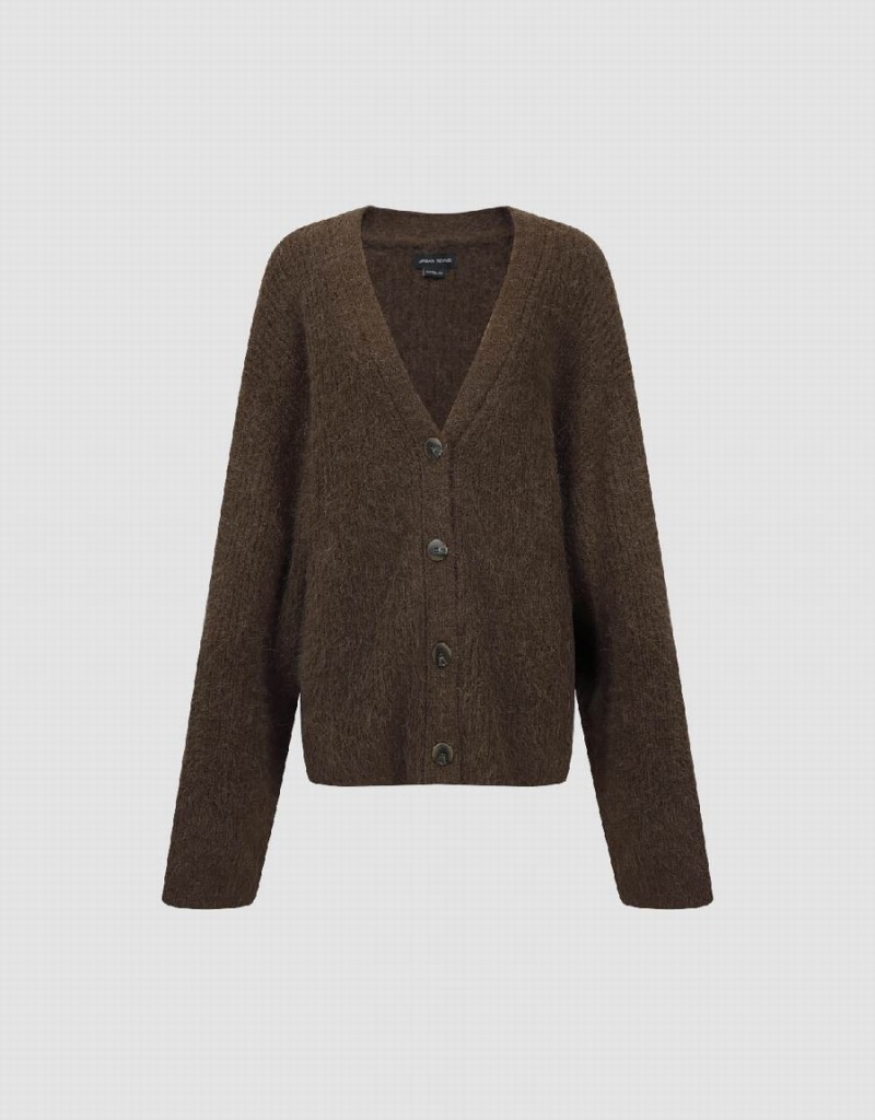 Cárdigan Urban Revivo Drop Shoulder Sleeve V-Neck De Punto Mujer Marrom Oscuro | ULX365NI