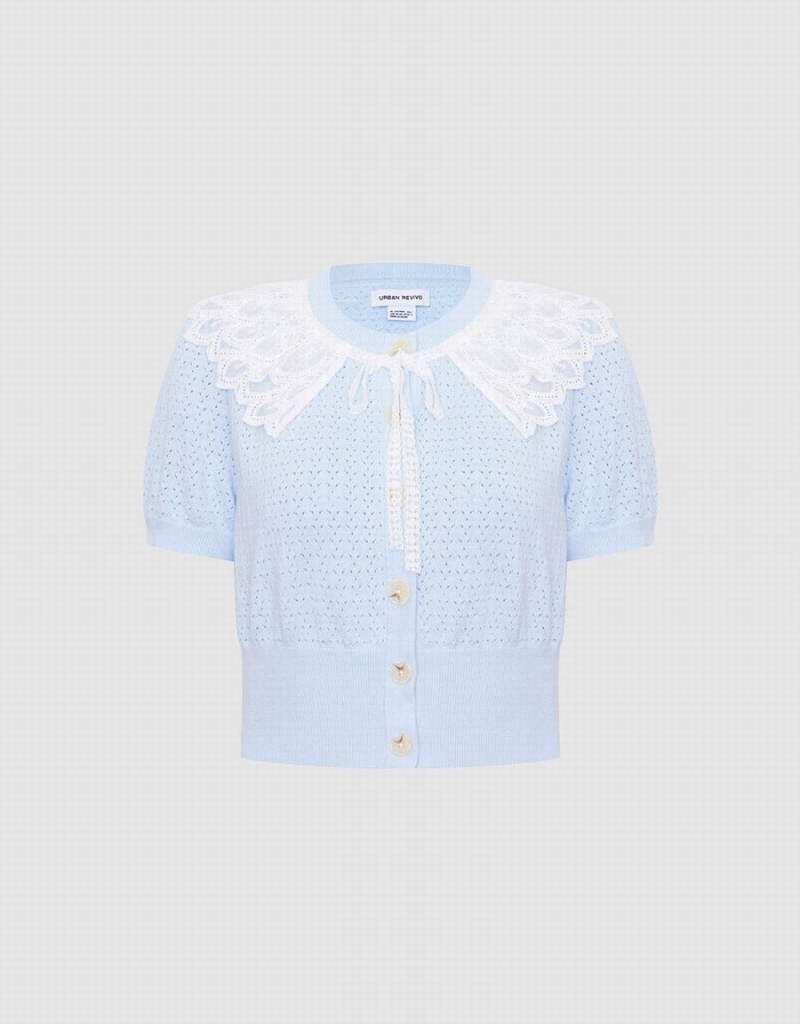 Cárdigan Urban Revivo Encaje Collar Pointelle Button Up Mujer Azules | VRL4979TL
