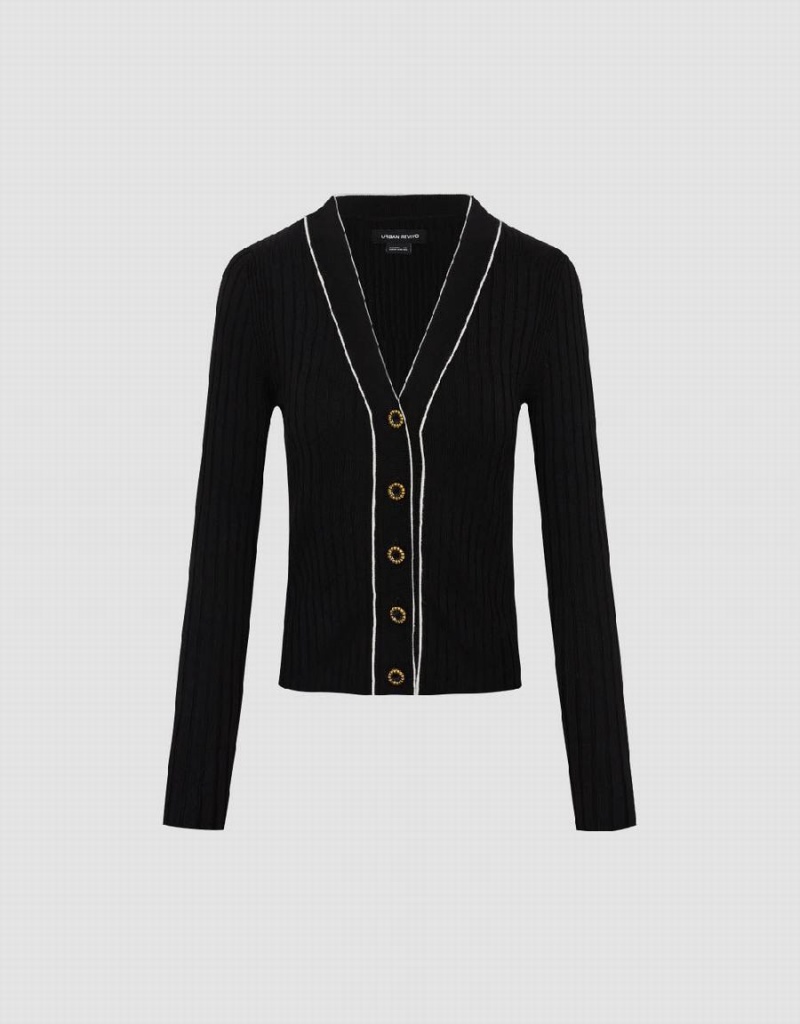 Cárdigan Urban Revivo Flaco V-Neck De Punto Mujer Negros | HPK284EC
