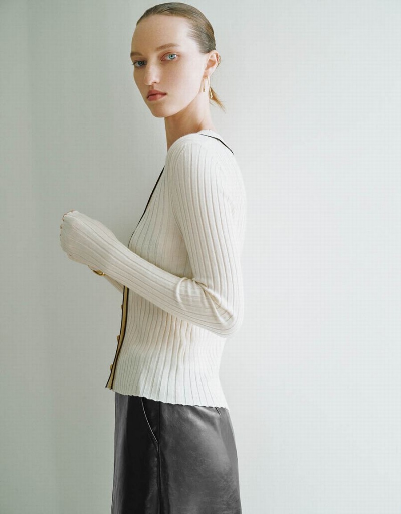 Cárdigan Urban Revivo Flaco V-Neck De Punto Mujer Blancos | YBD676XX