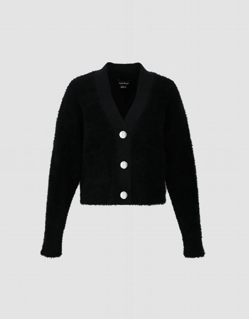 Cárdigan Urban Revivo Furry V-Neck De Punto Mujer Negros | HII4845MX