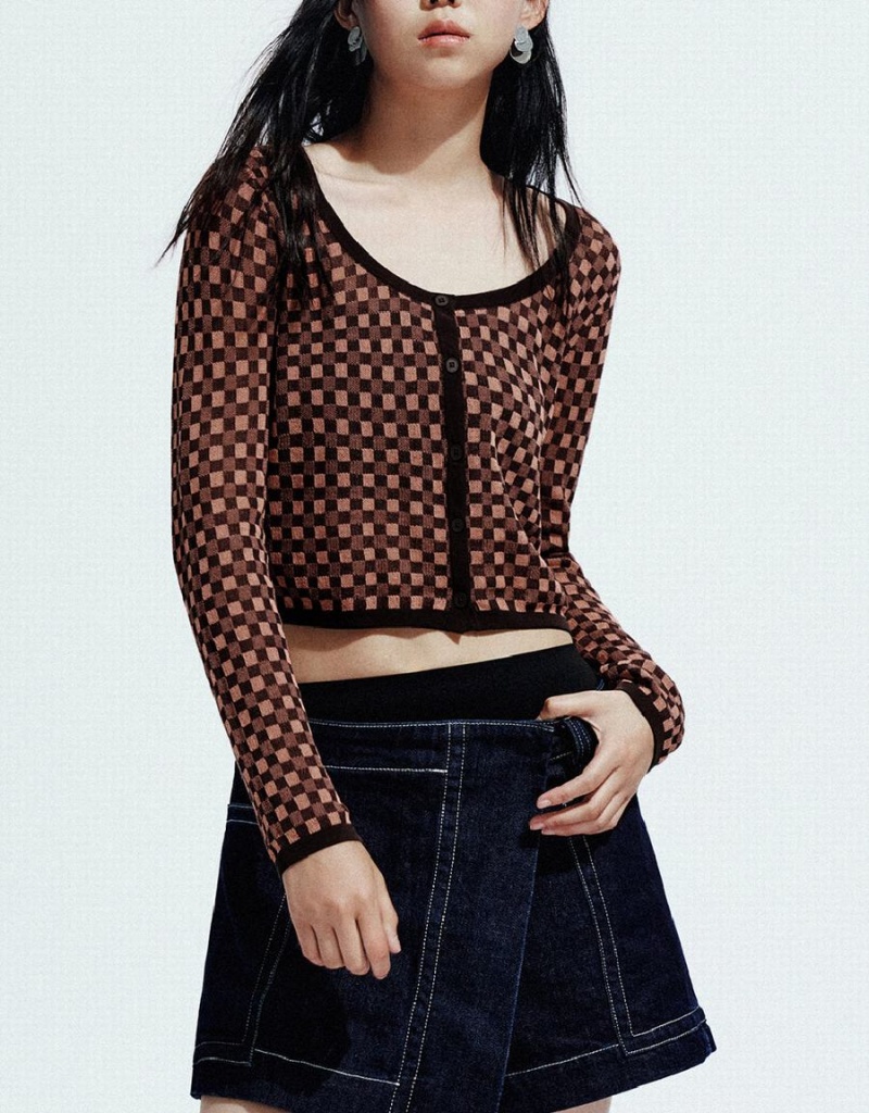 Cárdigan Urban Revivo Gingham U Neck De Punto Mujer Marrom | FCI361XQ