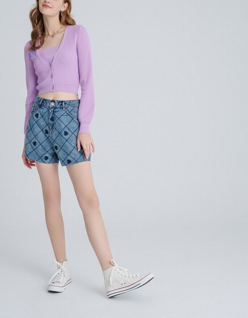 Cárdigan Urban Revivo Heart Embroidery Acanalado Knit Mujer Morados | MJA8866JS