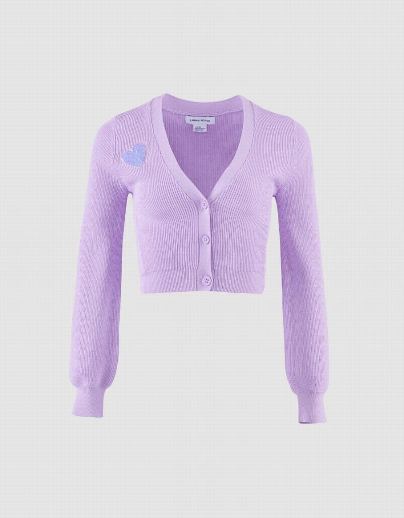 Cárdigan Urban Revivo Heart Embroidery Acanalado Knit Mujer Morados | MJA8866JS
