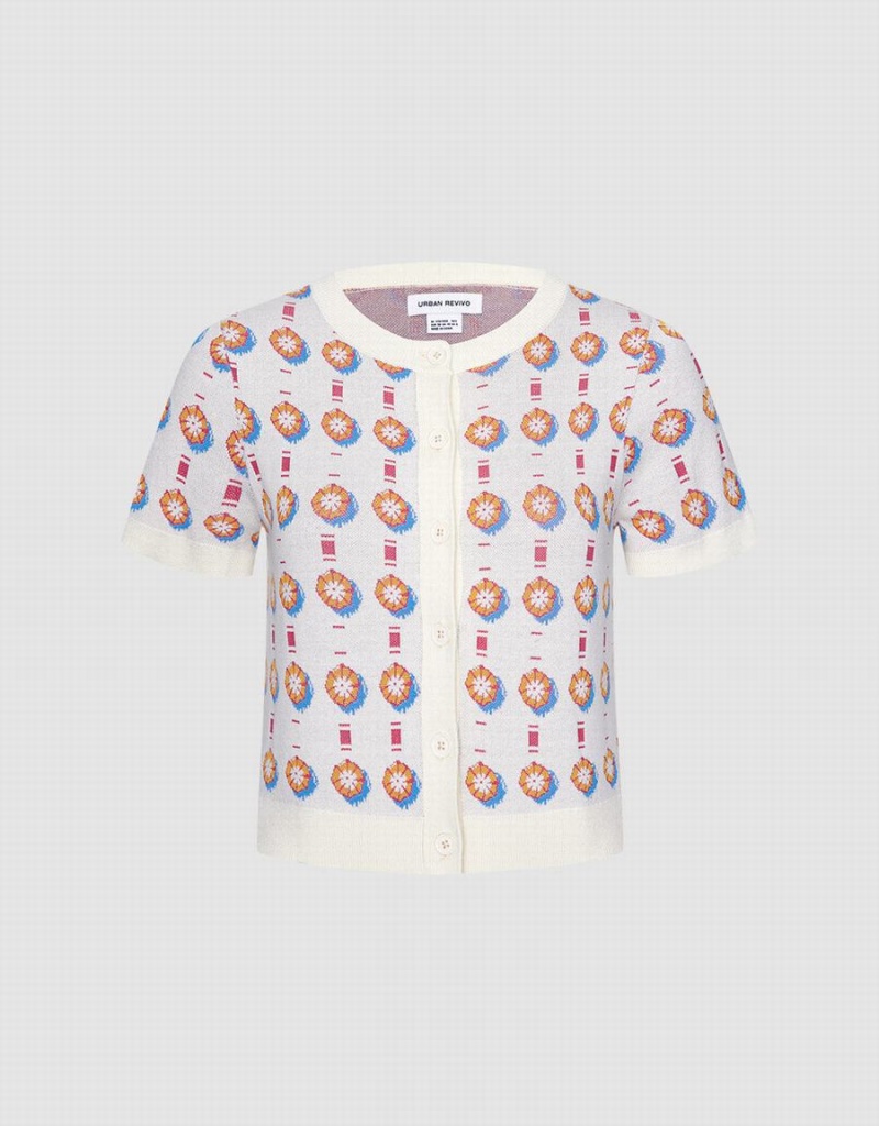 Cárdigan Urban Revivo Jacquard Corta Sleeve Mujer Blancos Multicolor | YZW6559KW