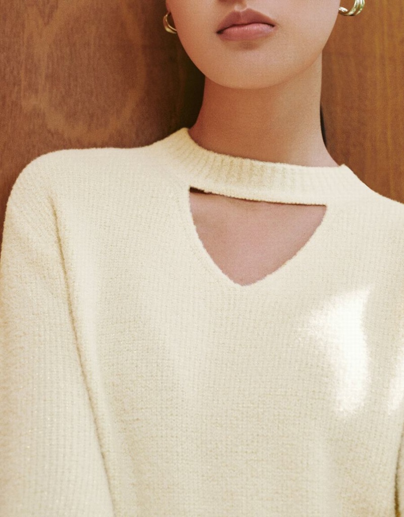 Cárdigan Urban Revivo Keyhole Neck De Punto Mujer Blancos | UOX6829EX