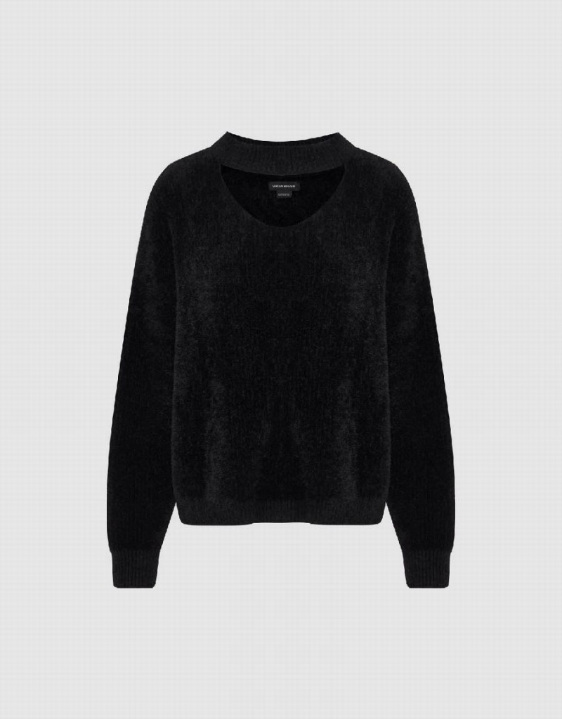 Cárdigan Urban Revivo Keyhole Neck Furry De Punto Mujer Negros | KBA3290FB