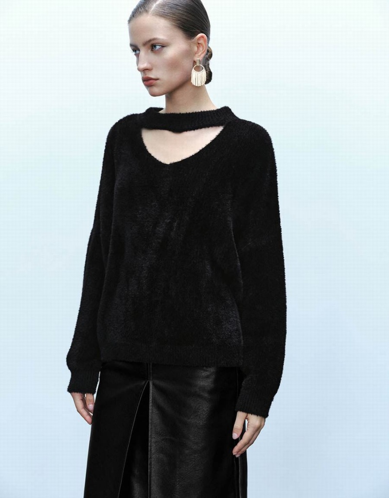 Cárdigan Urban Revivo Keyhole Neck Furry De Punto Mujer Negros | KBA3290FB