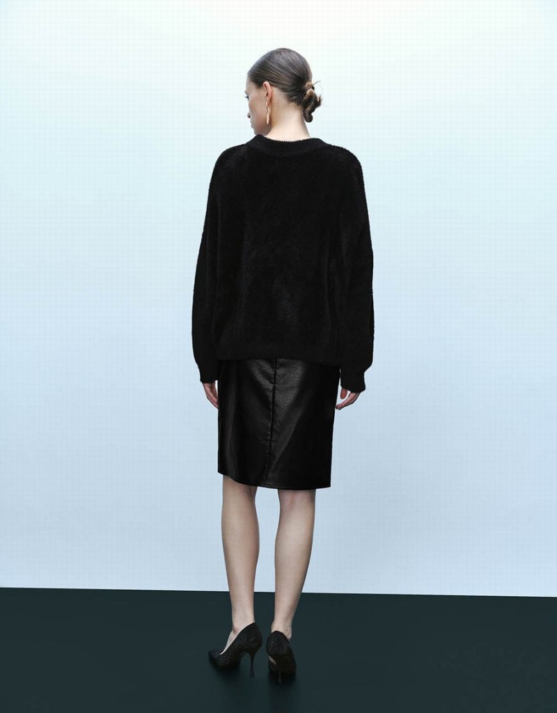 Cárdigan Urban Revivo Keyhole Neck Furry De Punto Mujer Negros | KBA3290FB