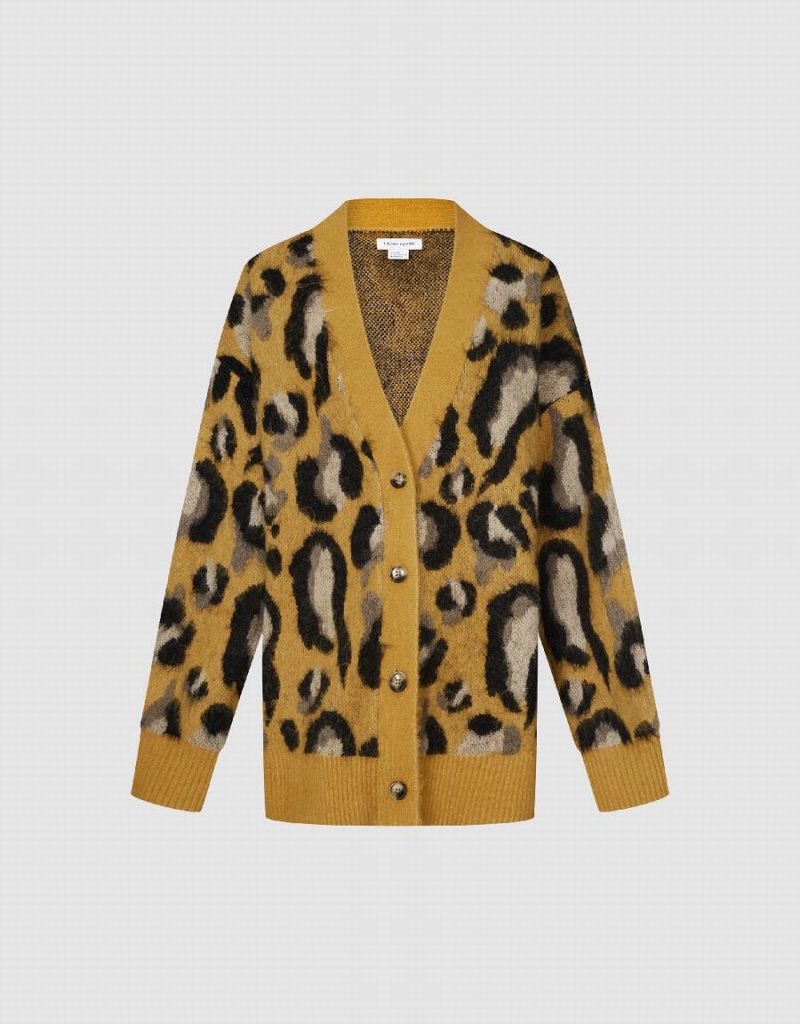 Cárdigan Urban Revivo Leopard Printed V-Neck De Punto Mujer Amarillos Multicolor | RHZ1619TH