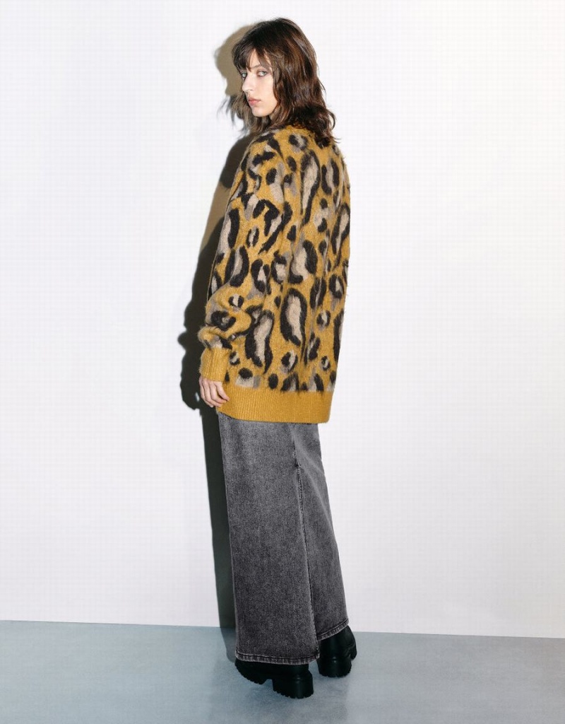 Cárdigan Urban Revivo Leopard Printed V-Neck De Punto Mujer Amarillos Multicolor | RHZ1619TH