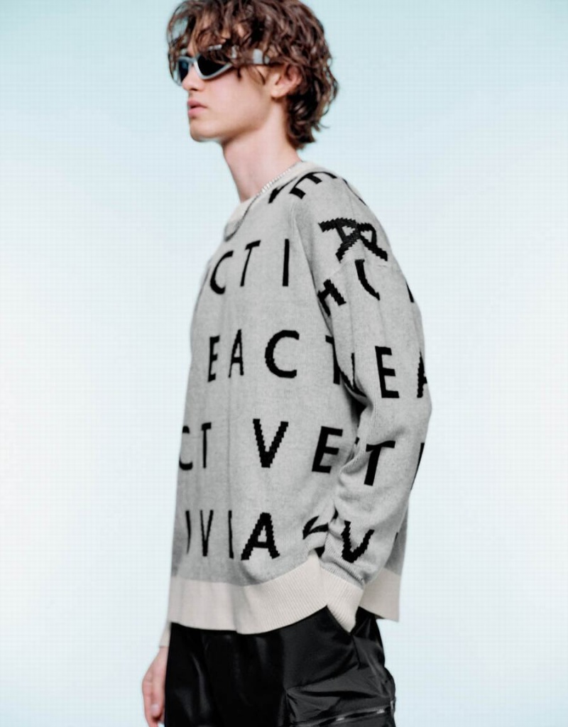 Cárdigan Urban Revivo Letter Embroidered De Punto Hombre Grises Claro | OAI7187YB