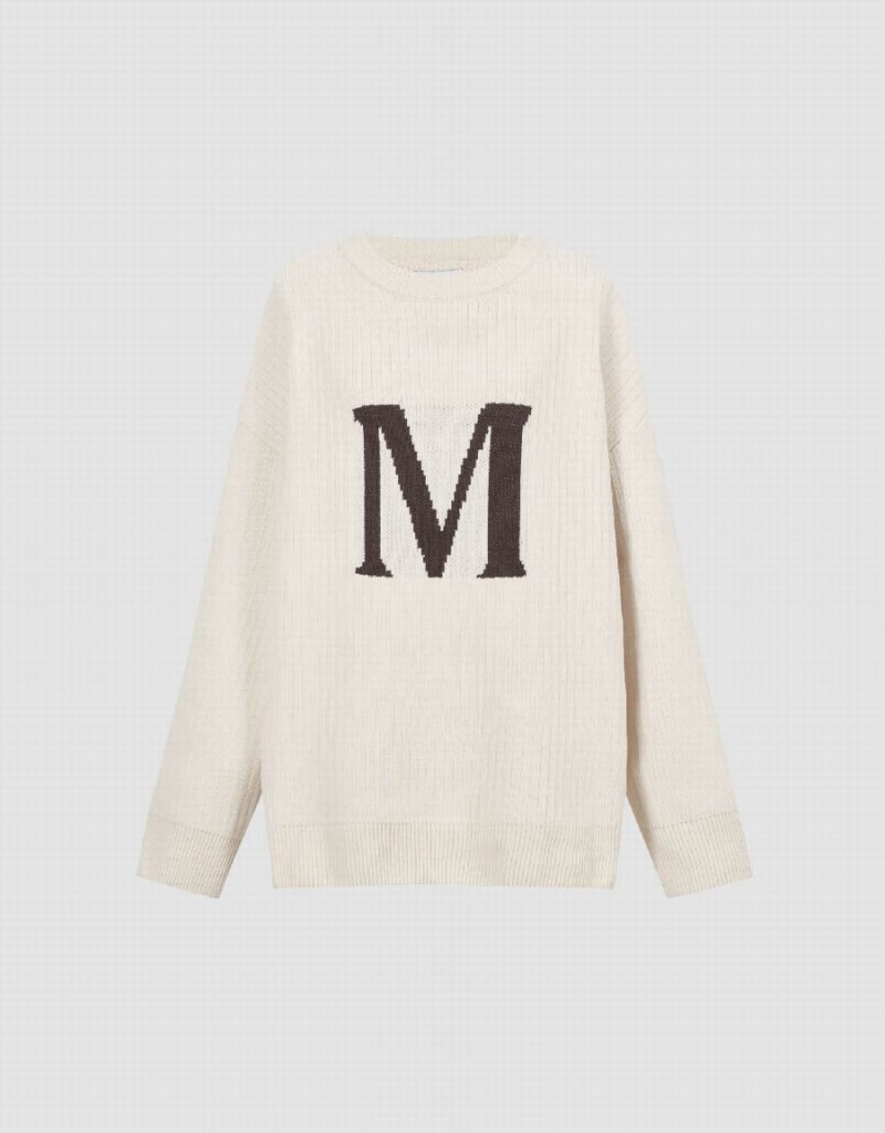 Cárdigan Urban Revivo Letter Printed Crew Neck De Punto Mujer Blancos | VND2413TD