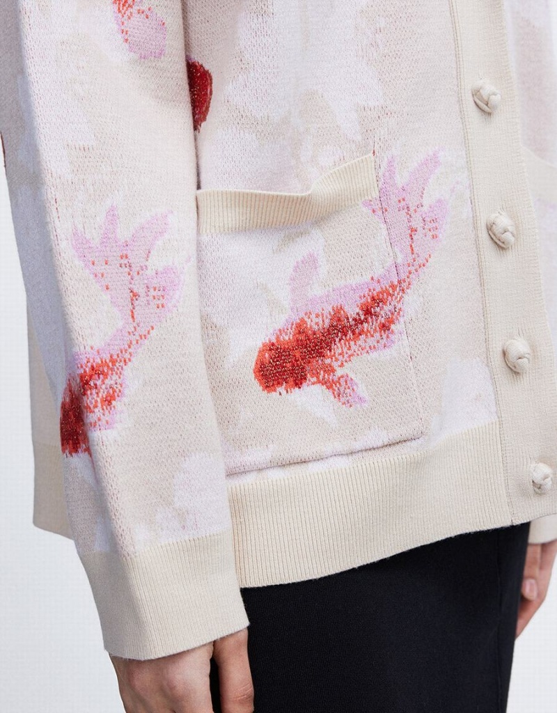 Cárdigan Urban Revivo Lucky Fish Jacquard V Neck Mujer Beige Rojos | RJN8829KJ