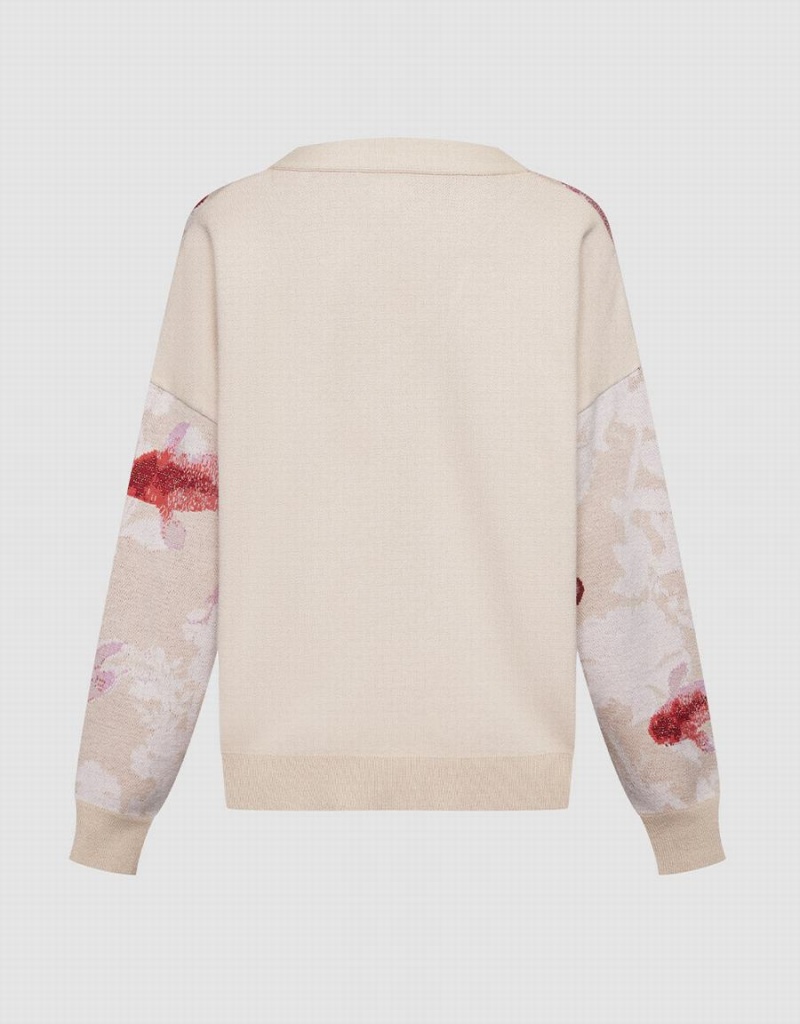 Cárdigan Urban Revivo Lucky Fish Jacquard V Neck Mujer Beige Rojos | RJN8829KJ