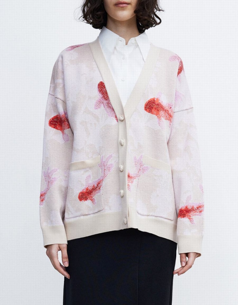 Cárdigan Urban Revivo Lucky Fish Jacquard V Neck Mujer Beige Rojos | RJN8829KJ