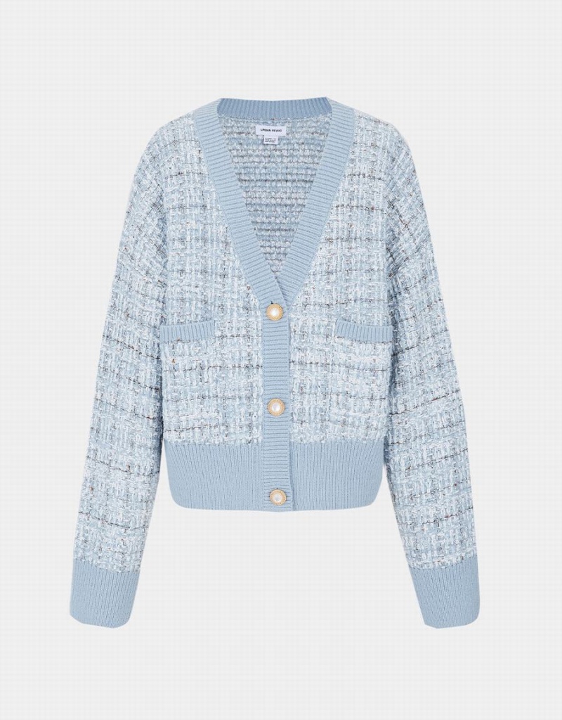 Cárdigan Urban Revivo Pocket Tweed Plaid Mujer Azules Claro | SDY2673MY