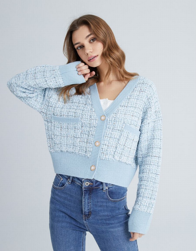 Cárdigan Urban Revivo Pocket Tweed Plaid Mujer Azules Claro | SDY2673MY