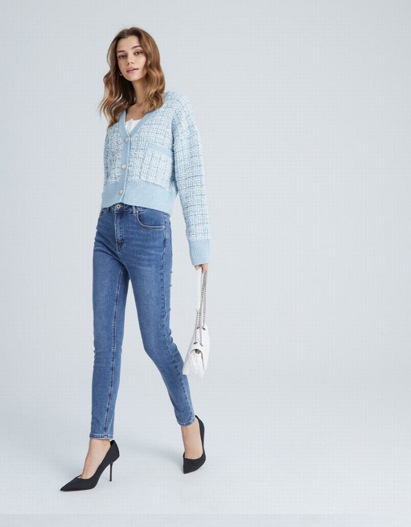Cárdigan Urban Revivo Pocket Tweed Plaid Mujer Azules Claro | SDY2673MY