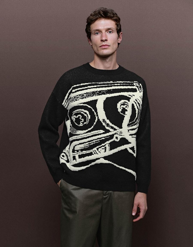 Cárdigan Urban Revivo Printed De Punto Hombre Negros | OKD9594FI