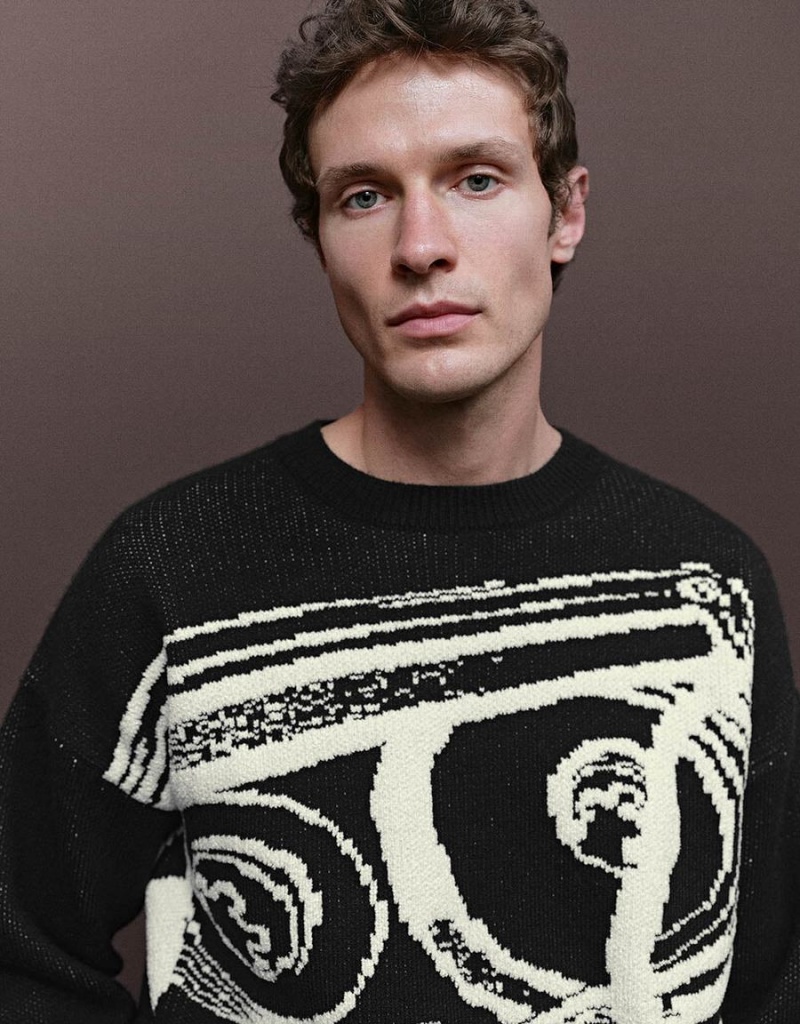Cárdigan Urban Revivo Printed De Punto Hombre Negros | OKD9594FI