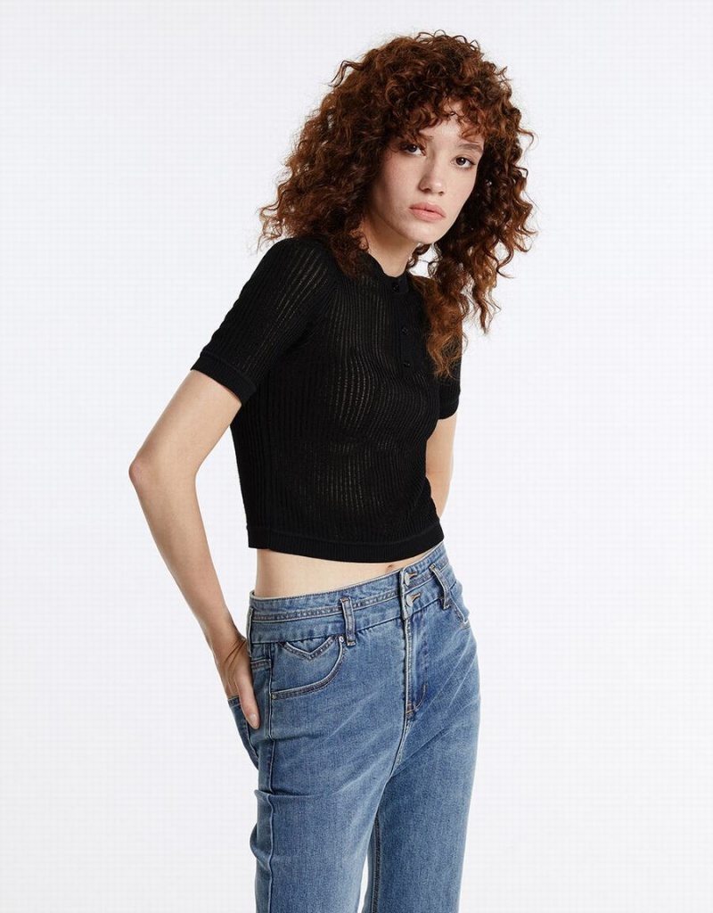 Cárdigan Urban Revivo Rib Knit Mujer Negros | ZQG2593HD