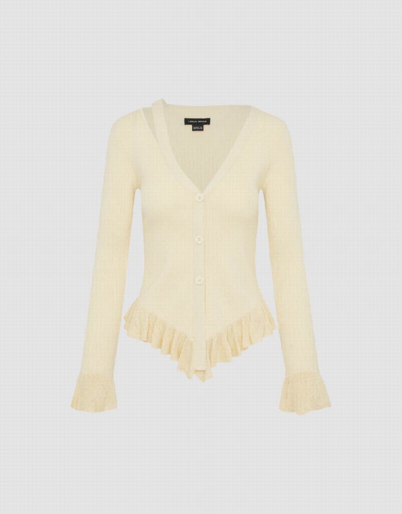 Cárdigan Urban Revivo Ruffle Hem V-Neck De Punto Mujer Beige | SZW4767ZE