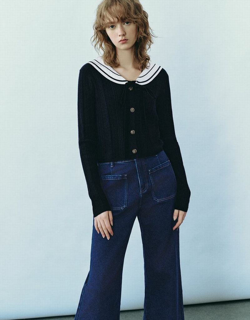 Cárdigan Urban Revivo Sailor Collar Neck De Punto Mujer Azules | VHJ4328VA