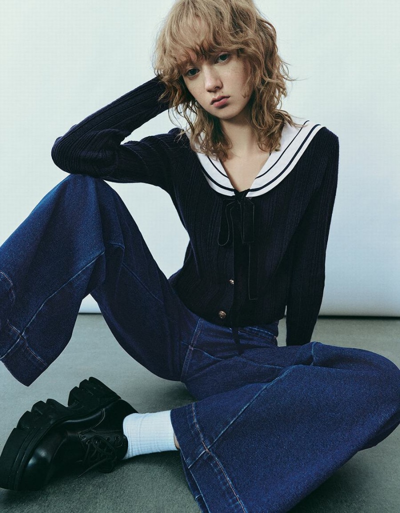 Cárdigan Urban Revivo Sailor Collar Neck De Punto Mujer Azules | VHJ4328VA