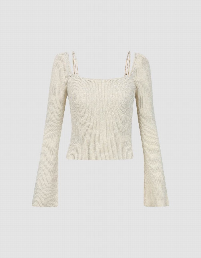 Cárdigan Urban Revivo Square-cut Collar De Punto Mujer Blancos | CJJ2053OD