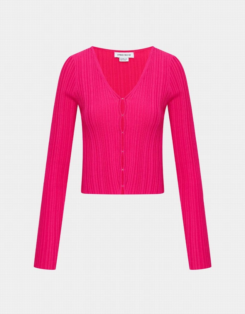 Cárdigan Urban Revivo Textured Rib Knit Mujer Rosas Rojos | FQA5228YF