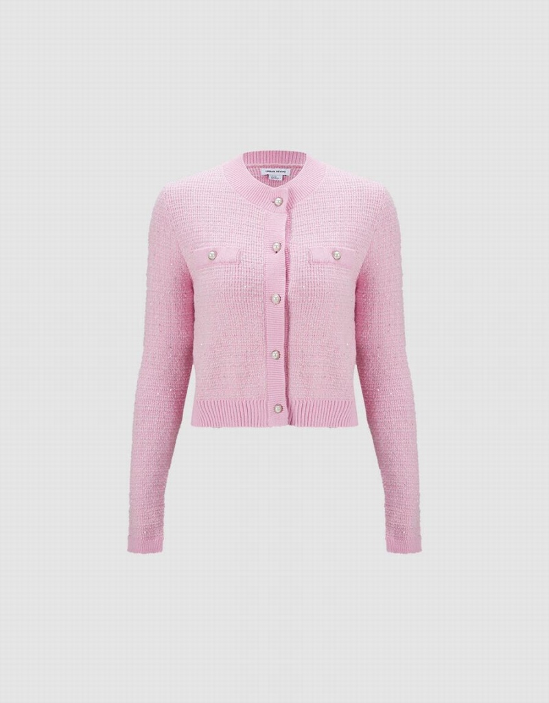 Cárdigan Urban Revivo Tweed Button Up Mujer Rosas | CSW6546NW