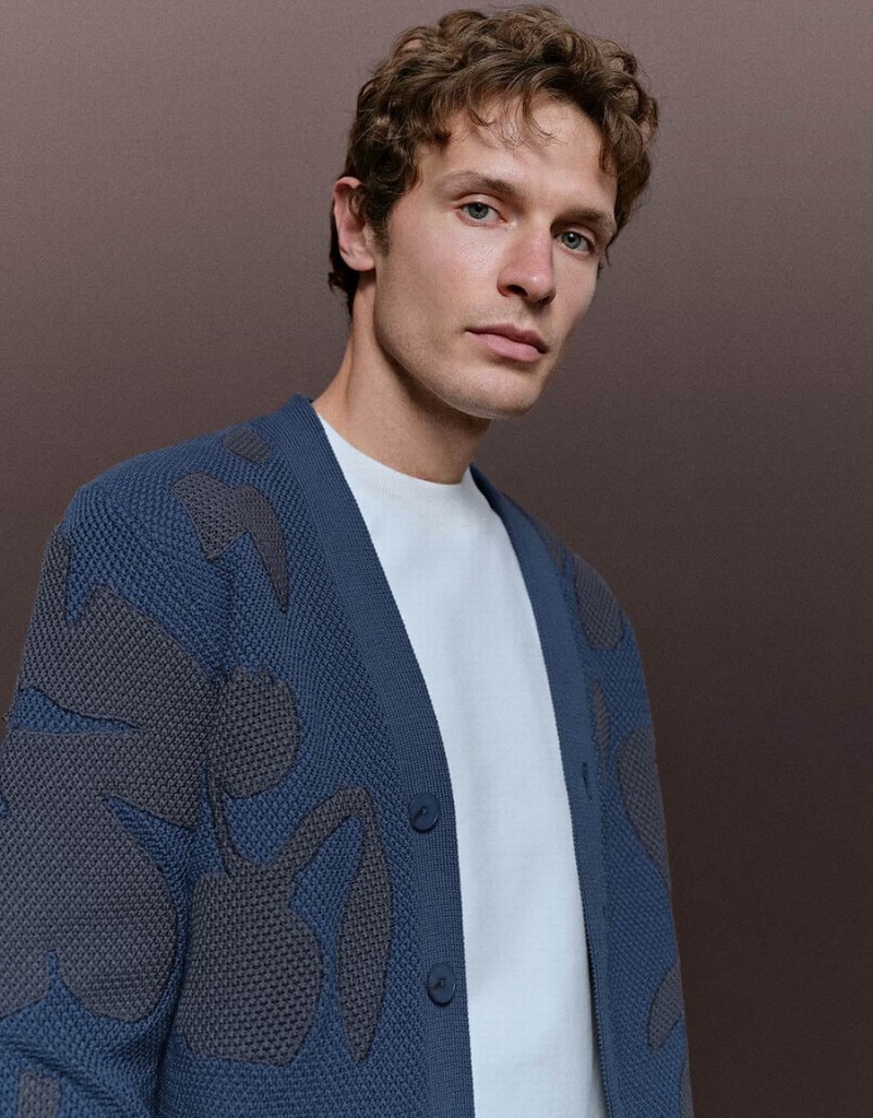 Cárdigan Urban Revivo V-Neck De Punto Hombre Azules | FHC6055OQ