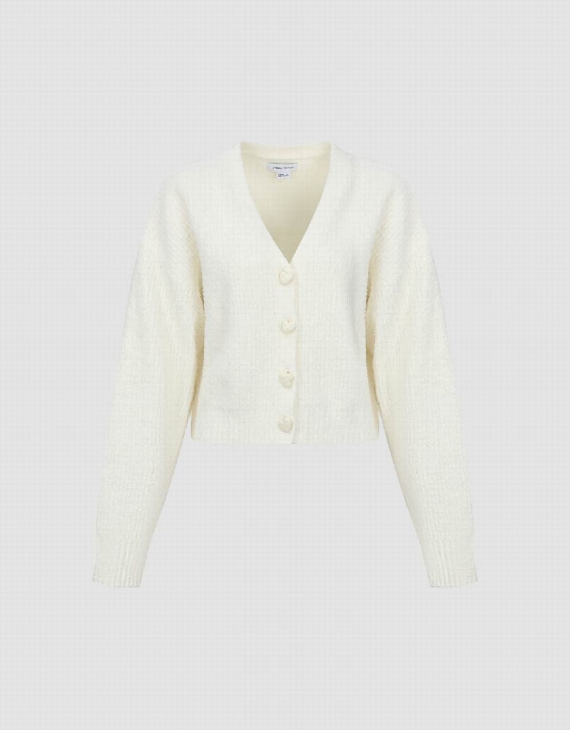 Cárdigan Urban Revivo V-Neck De Punto Mujer Blancos | QDS3666FL