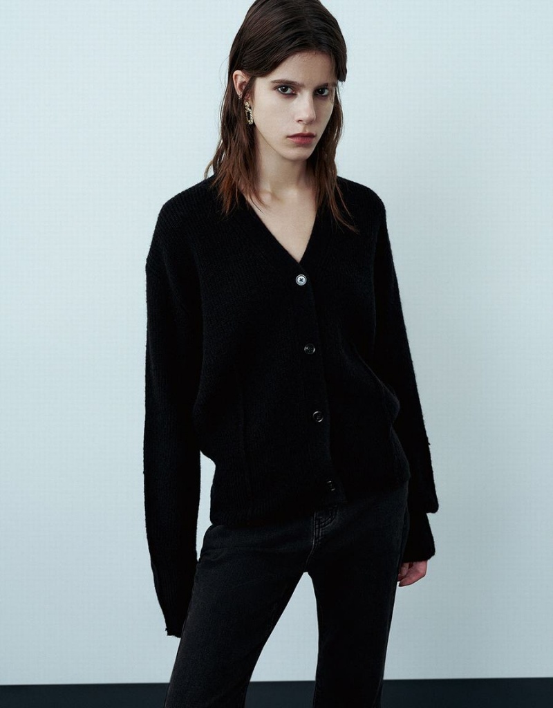 Cárdigan Urban Revivo V-Neck De Punto Mujer Negros | UTP8332MH