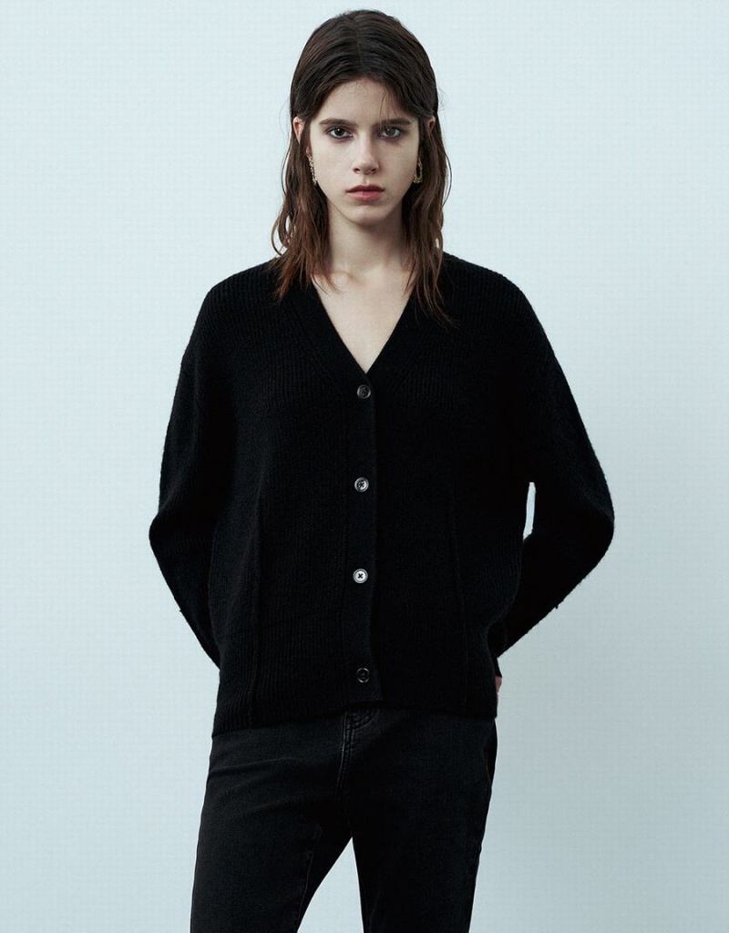 Cárdigan Urban Revivo V-Neck De Punto Mujer Negros | UTP8332MH