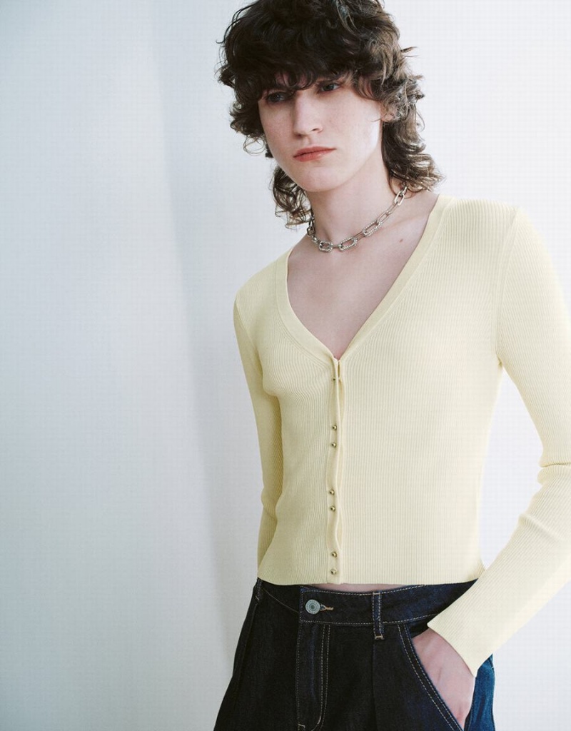 Cárdigan Urban Revivo V-Neck De Punto Mujer Amarillos | YJT1292WG