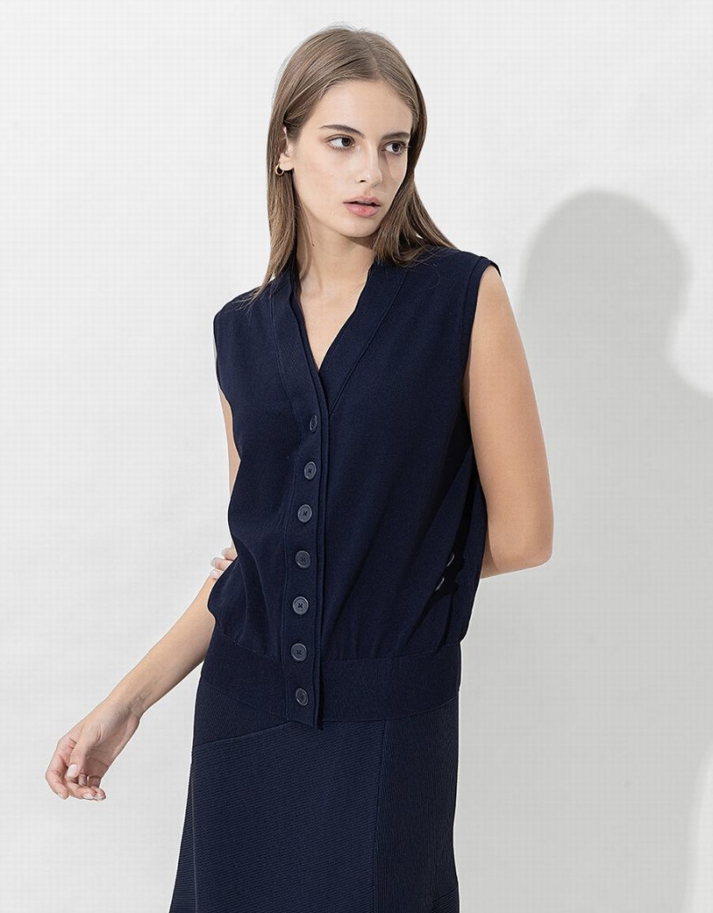 Cárdigan Urban Revivo V-Neck De Punto Waistcoat Mujer Azules | HSD3170XM