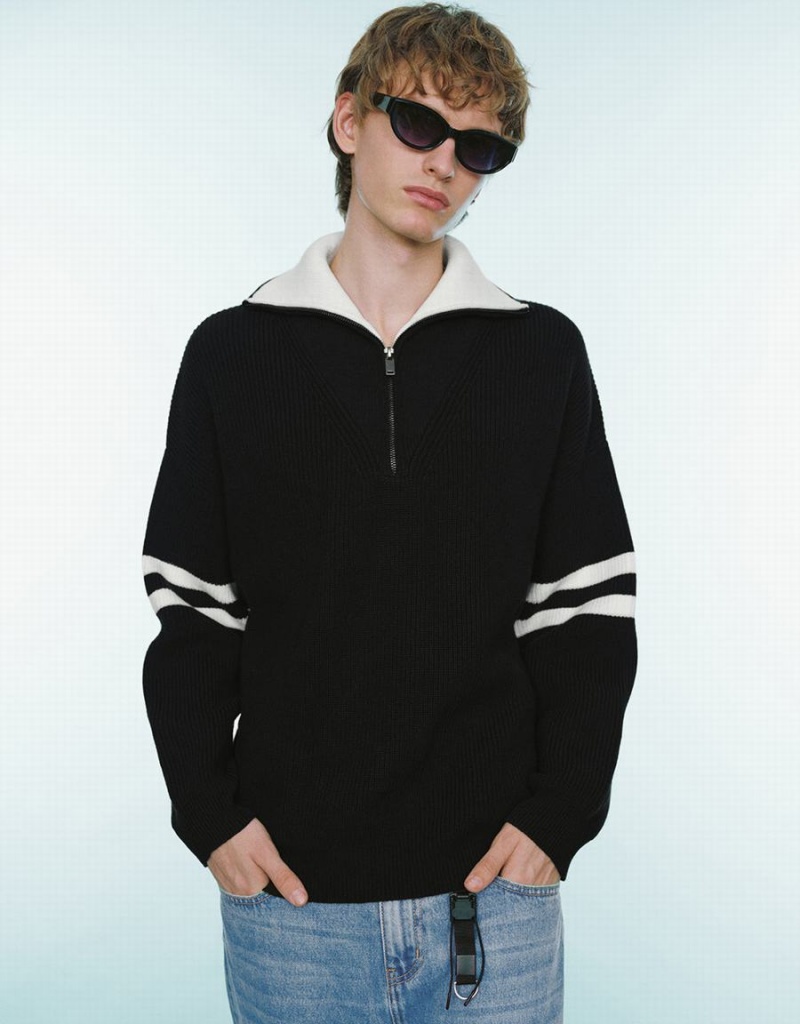 Cárdigan Urban Revivo Zip Half Placked De Punto Hombre Negros | ZPT2885QG